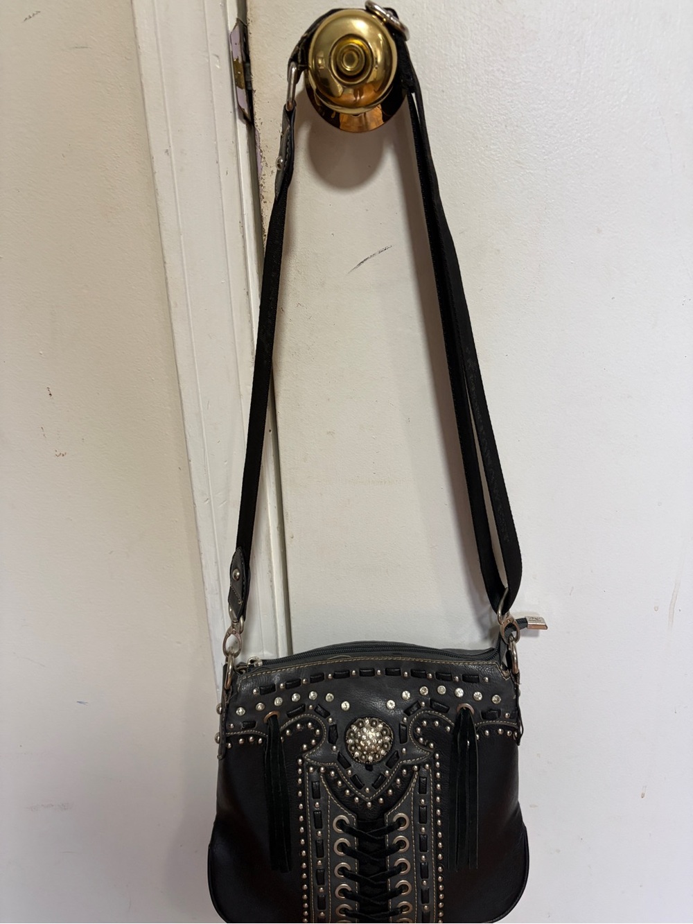 Black Studded Crossbody Bag concealed weapon purse with Tassel Details